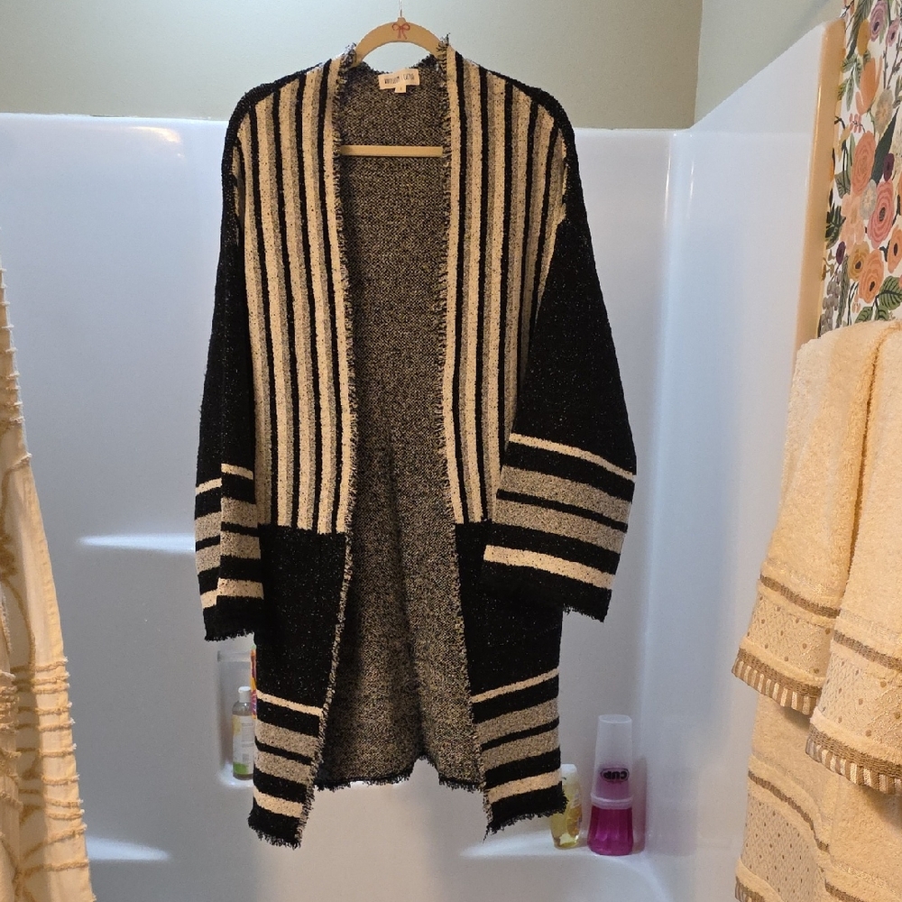 Elegant Black and Cream Striped Cardigan